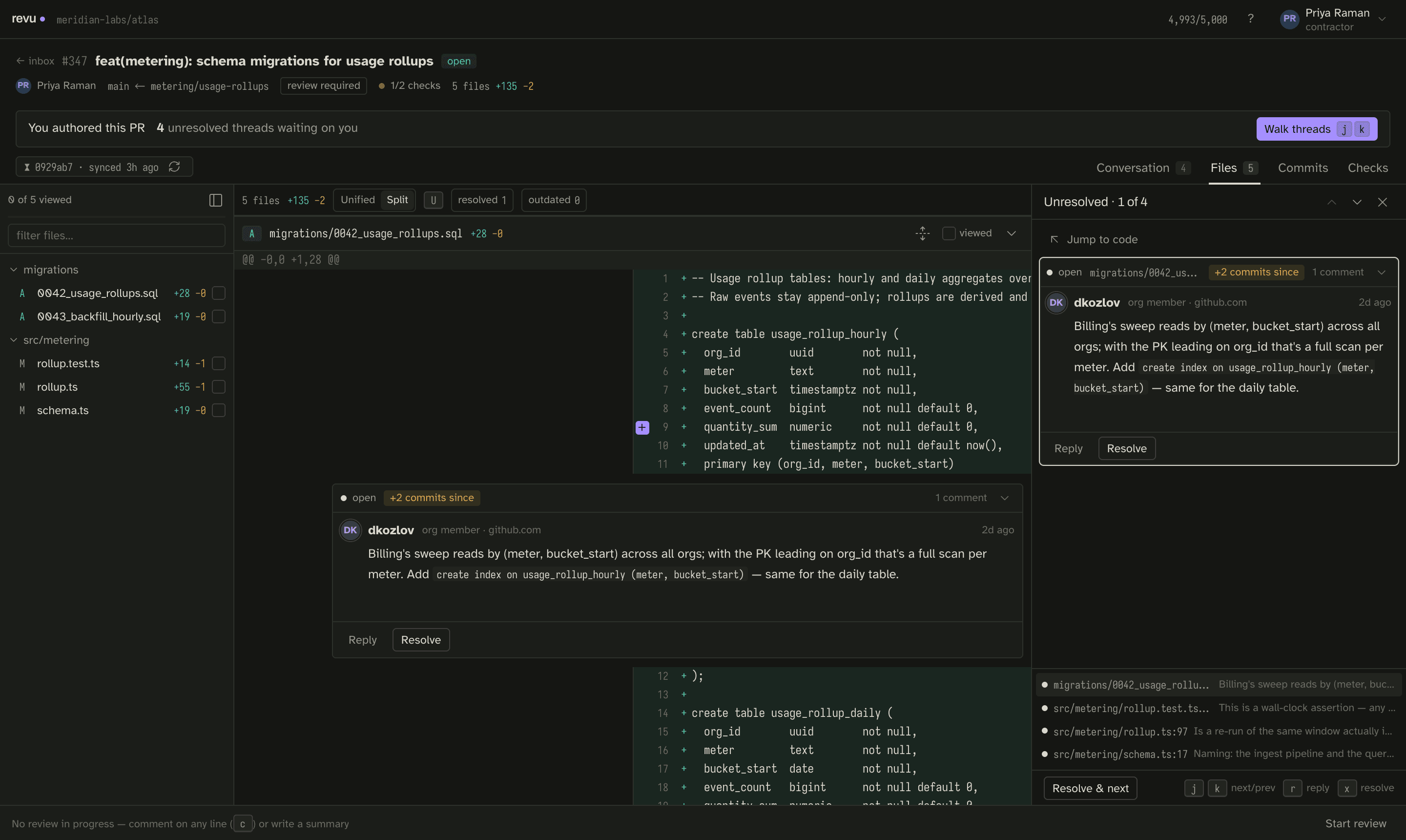 A PR you authored: an author banner reading You authored this PR with unresolved threads waiting on you and a Walk threads action, over the Files screen with a thread queue on the right
