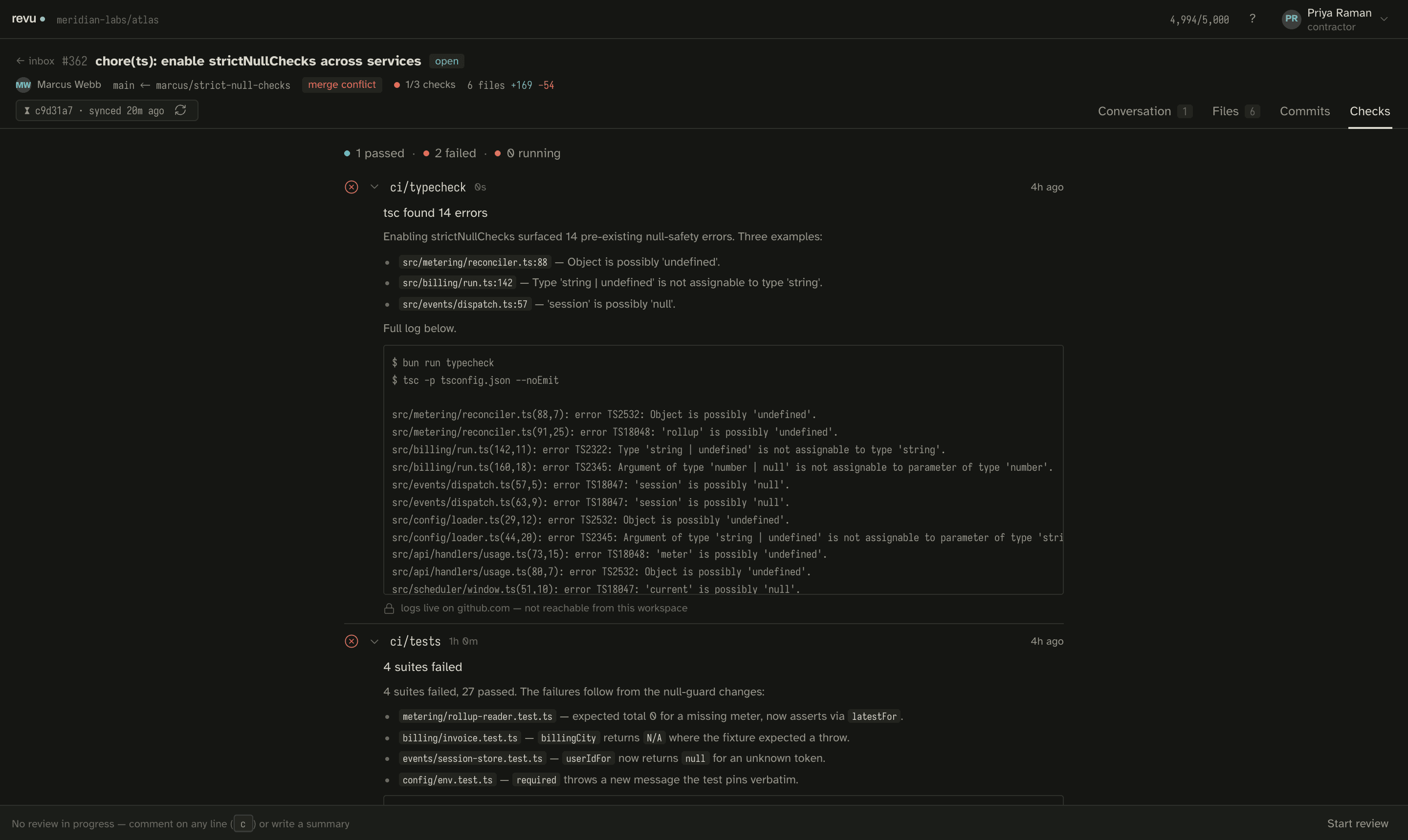 Checks — check runs and mergeability refetch on every sync, unconditionally, shown here with a failing check run and a log excerpt