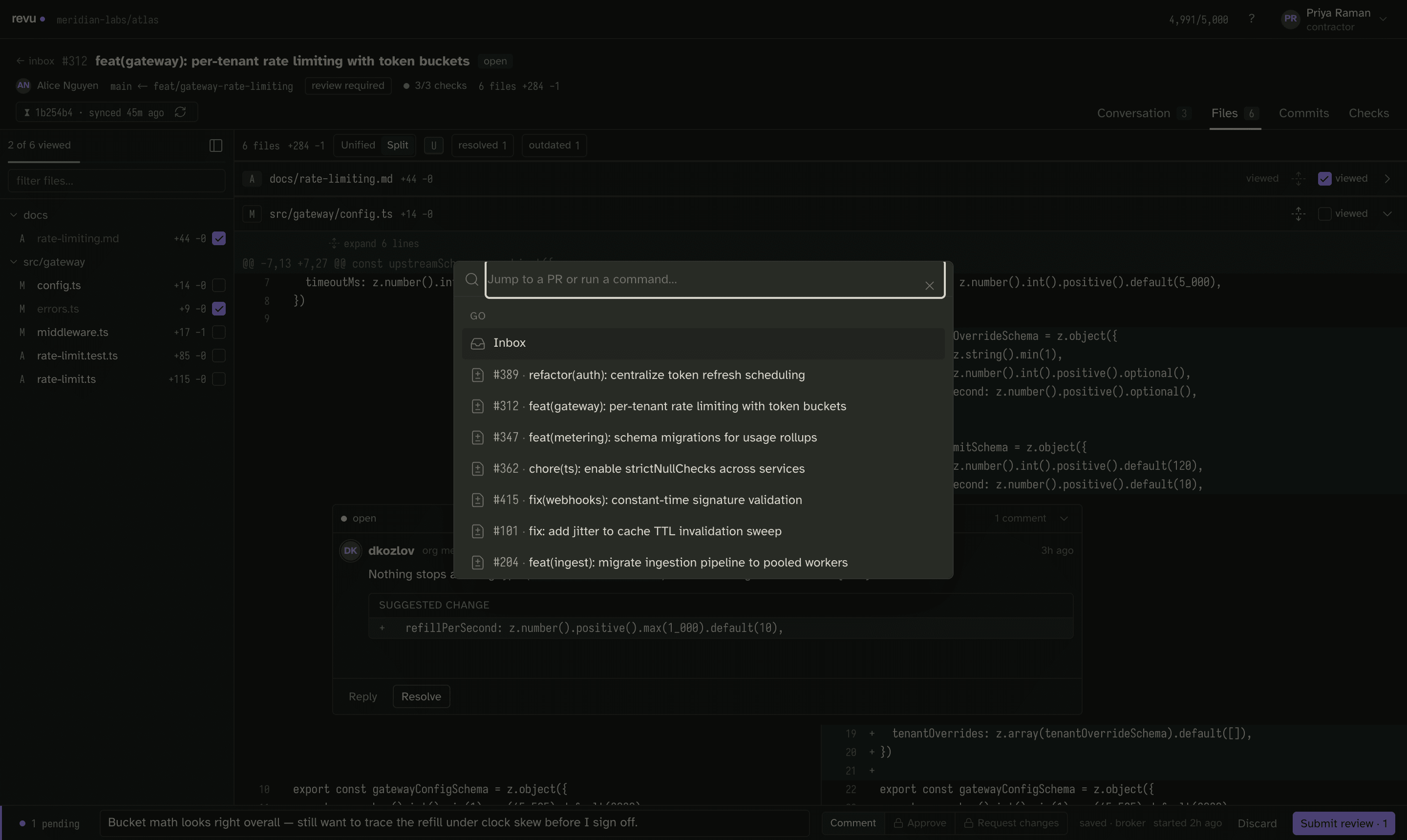 The command palette open over the app, with the placeholder "Jump to a PR or run a command…", a GO section listing Inbox, and pull requests below it shown by number and title such as #389 refactor(auth): centralize token refresh scheduling and #312 feat(gateway): per-tenant rate limiting with token buckets