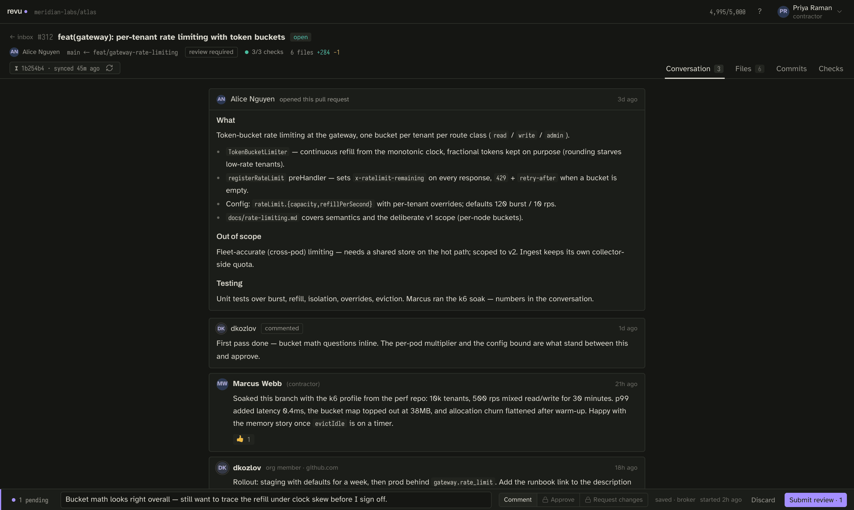The Conversation timeline for a PR: a comment carrying a thumbs-up reaction with a count, among the review discussion