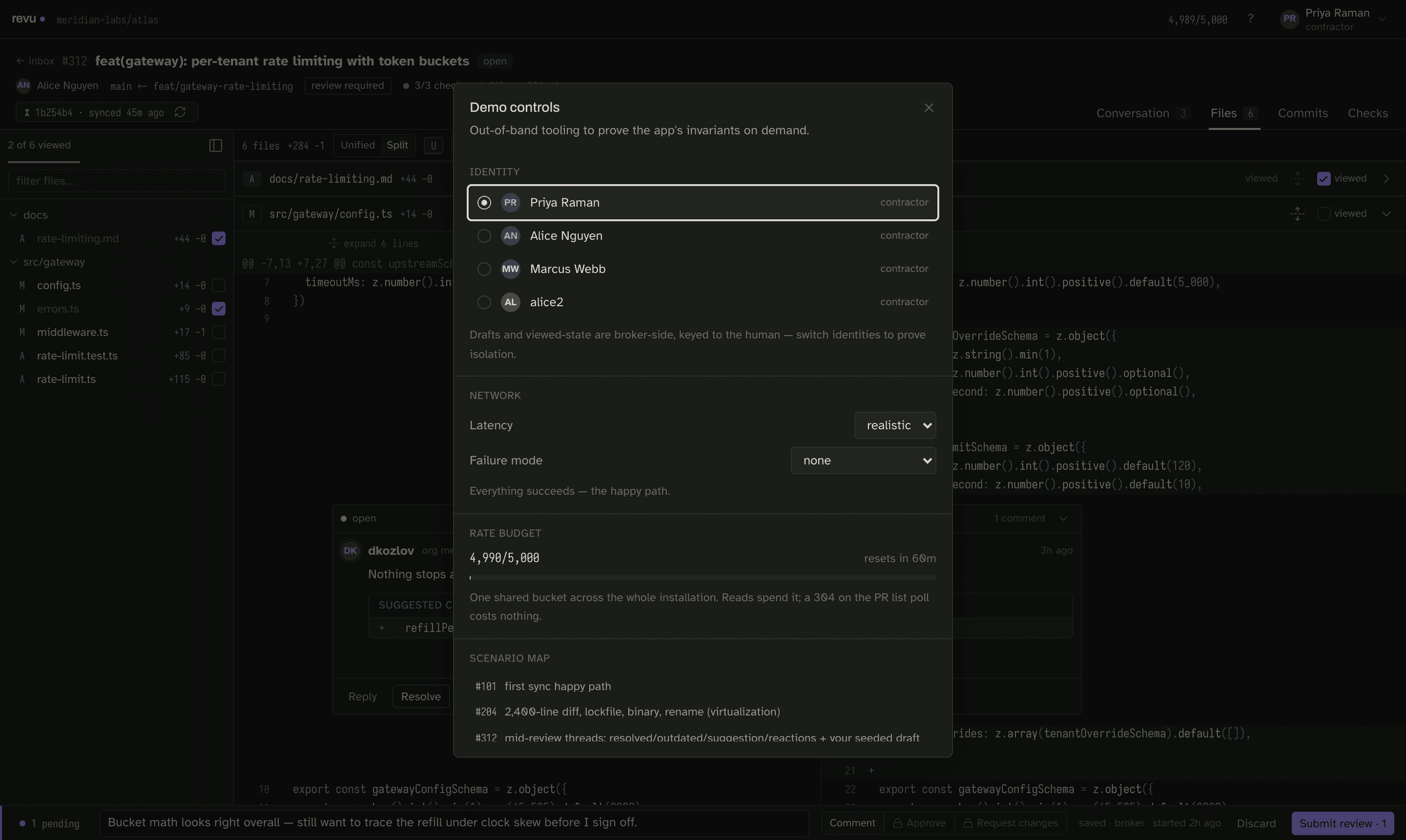 The dev panel — switch identity between fictional contractors, simulate latency and failure modes, and jump to any scenario