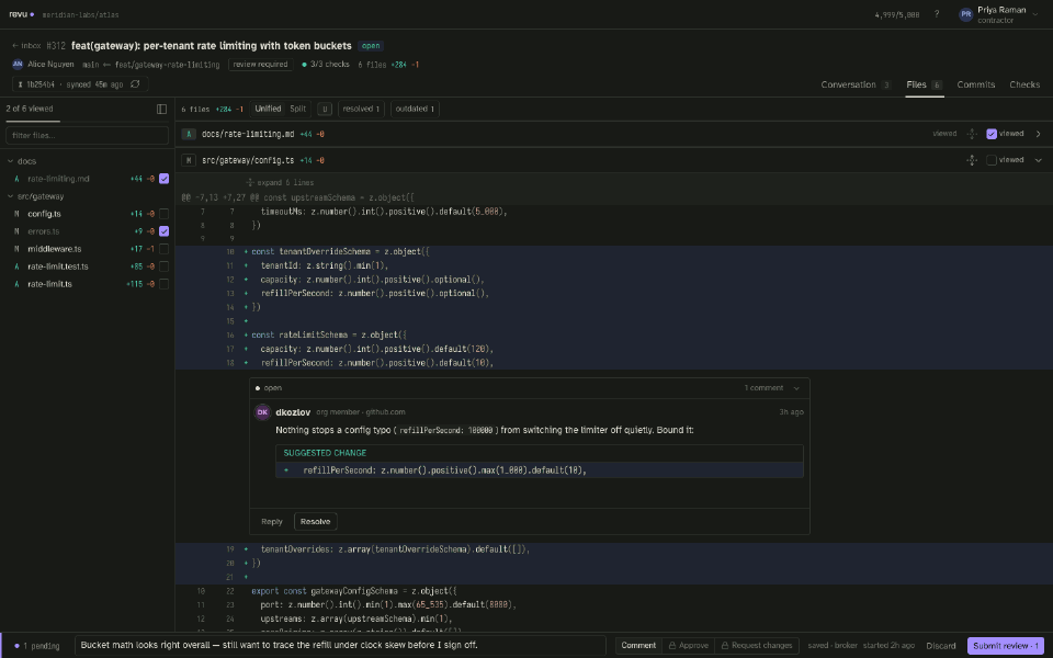 Switching the active human from the dev panel: the violet review rail carrying one human's pending draft is replaced by an empty rail for the next human, proving drafts are per-human