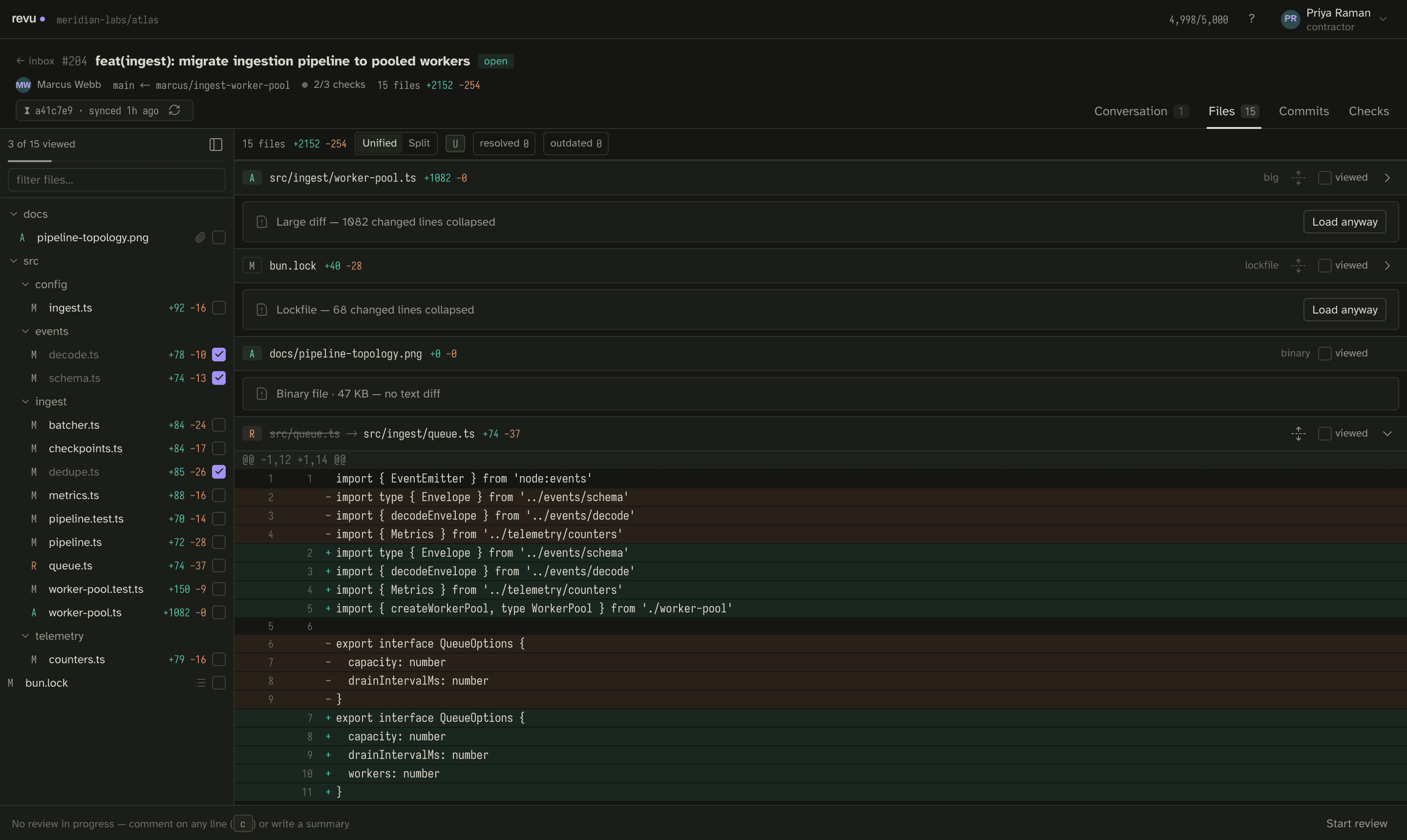 Files — virtualized, syntax-highlighted diff with inline threads