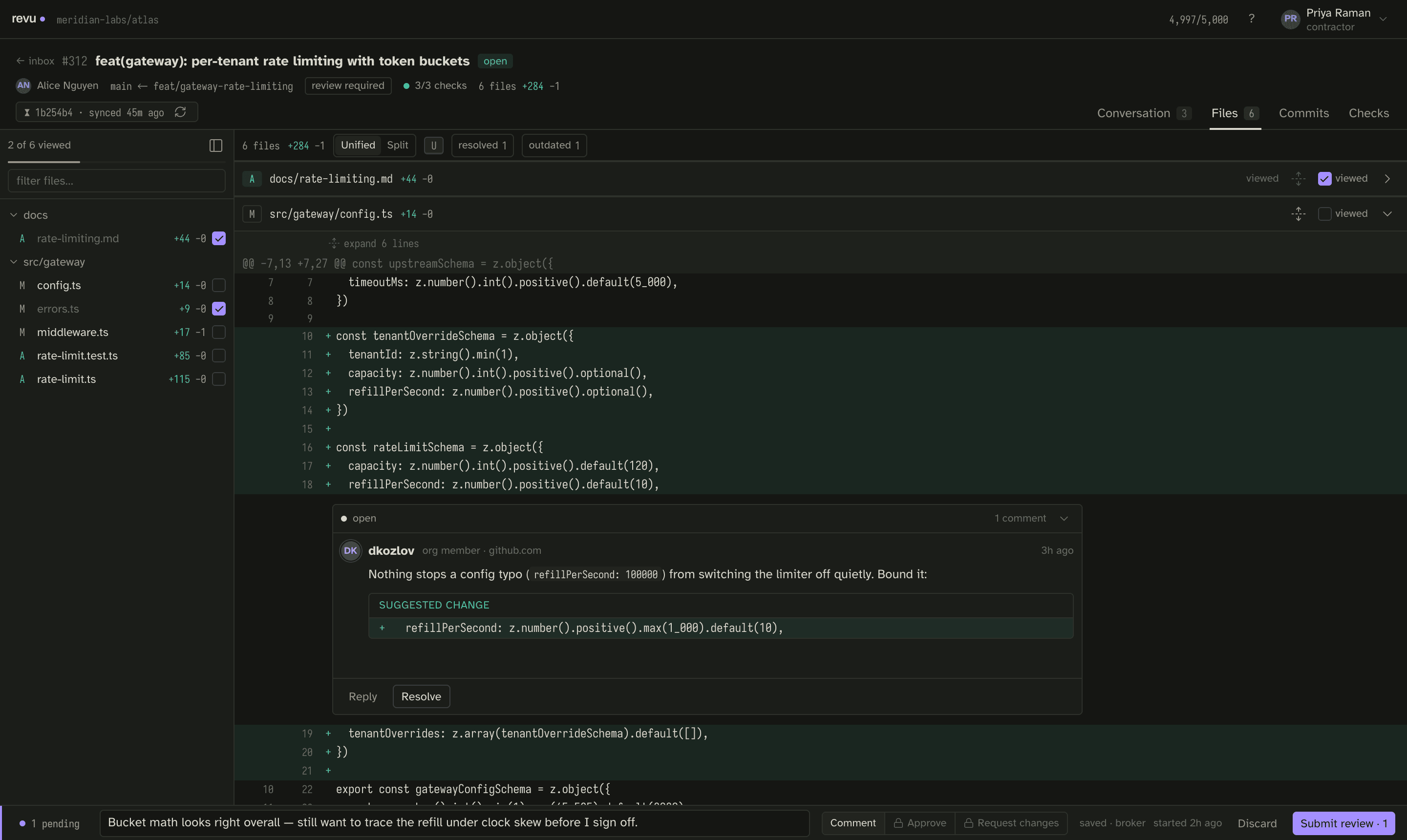 An inline review thread open against a diff line — drafts save as you type and survive a restart