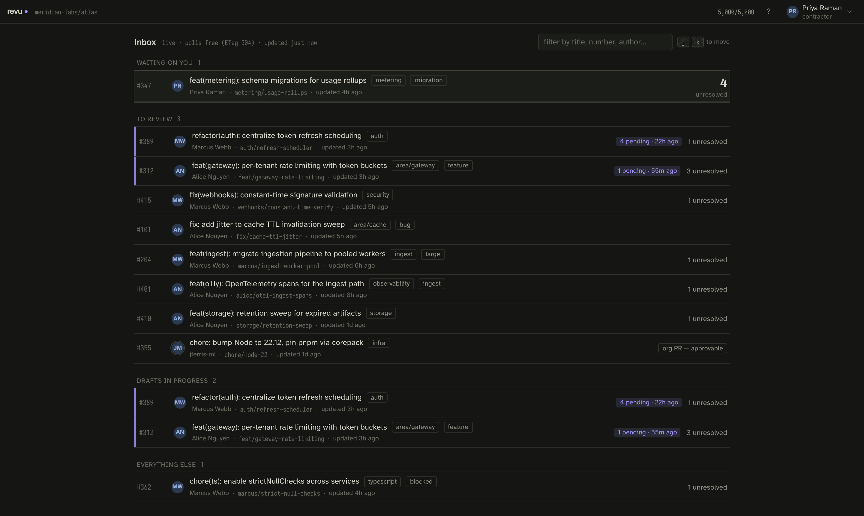 Inbox — sections driven by what needs doing today