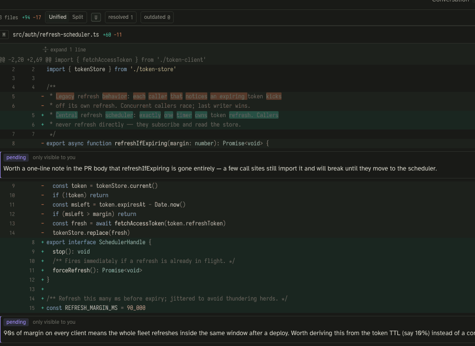 Submitting a review against a moved head: the branch-moved dialog appears, Re-sync & reconcile opens the reconcile dialog, and every pending comment is grouped as anchors-cleanly or drifted