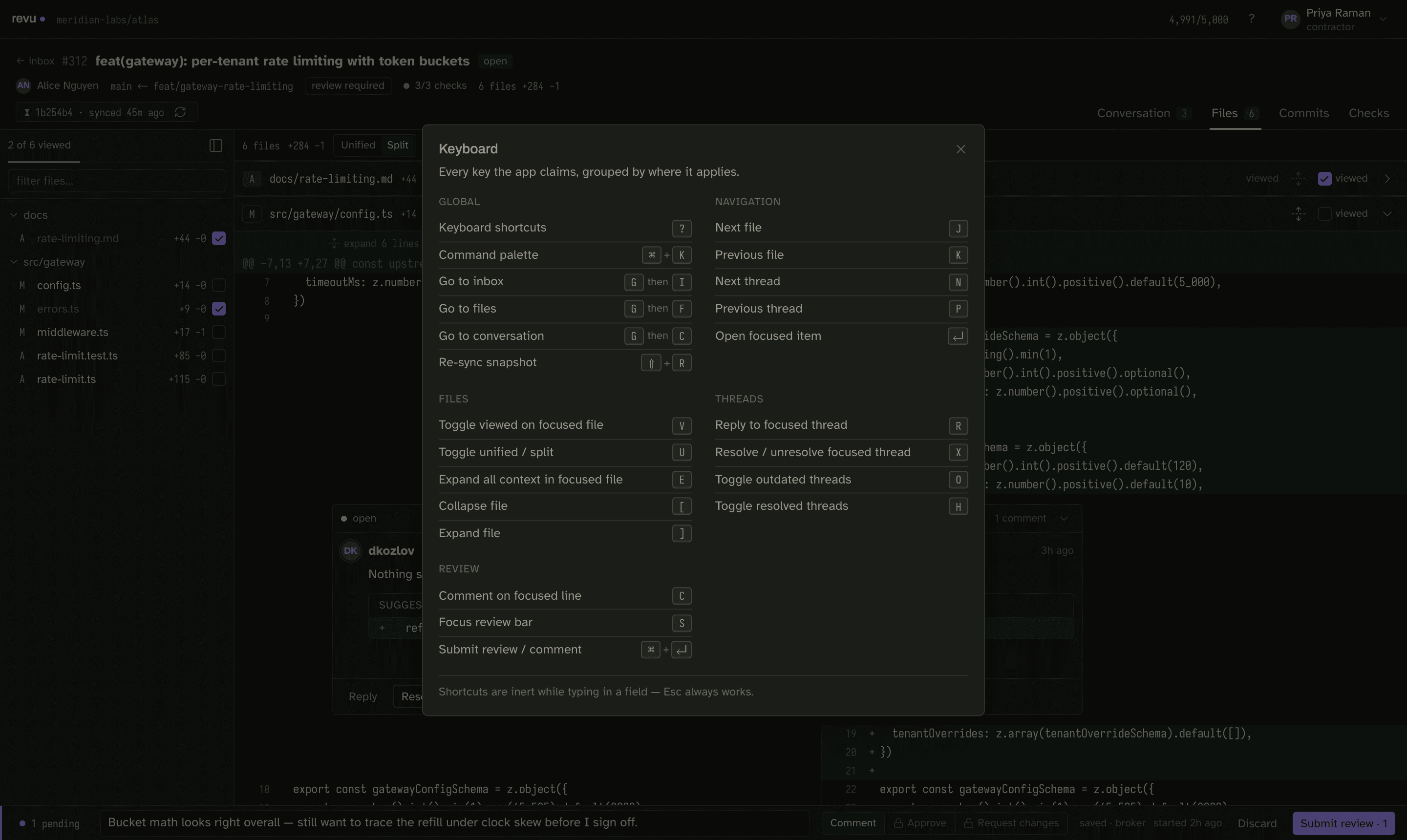 The keyboard shortcut sheet: a dialog titled Keyboard, subtitle "Every key the app claims, grouped by where it applies", with Global, Navigation, Files, Threads, and Review sections and each key rendered as a keycap