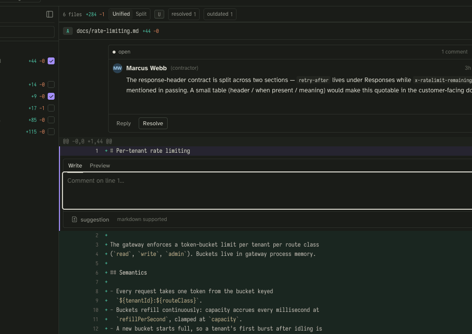 Opening the composer on a diff line, using the suggestion affordance to seed a fenced suggestion block from the focused line, editing the replacement, and adding it to the draft as a pending suggested change